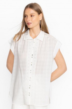 Johnny Was Tops | Women BUTTONDOWN TUNIC WITH SHOULDER SHIRRING White