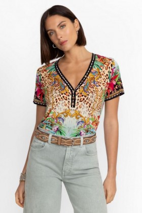 Johnny Was Tops | Women THE JANIE FAVORITE SHORT SLEEVE HENLEY TEE Miller Tigre Scarf Print
