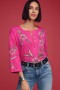  Johnny Was Tops | Camiseta feminina LIBBI com manga 3/4 e botões frontais, rosa flamingo