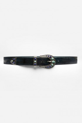  Cinto feminino Johnny Was Belts Calcolo em couro italiano azul-marinho