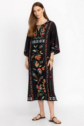  Vestidos Johnny Was | Caftan de linho Averi para mulheres, preto