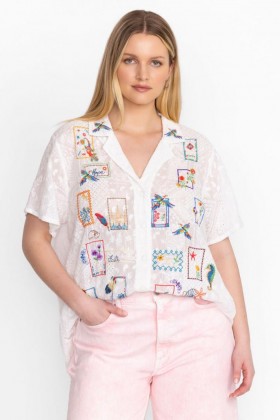  Johnny Was Tops | Camisa feminina COOPER com botões bordados, branca