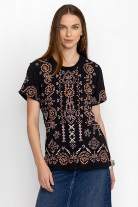  Johnny Was Tops | Camiseta feminina FAYE com gola redonda preta