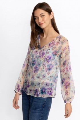  Johnny Was Tops | Blusa camponesa de seda feminina Glinda