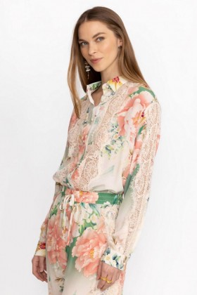  Johnny Was Tops | Camisa feminina de seda com botões Ruksana