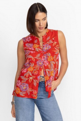  Johnny Was Tops | Női MANDARIN GALLÉROS TOP Whimsical Hibiszkusz