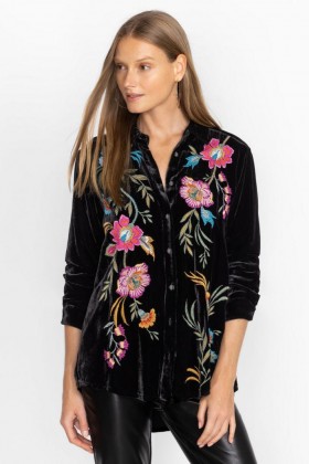  Johnny Was Tops | Camicia oversize in velluto Sidonia con pieghe da donna, nera