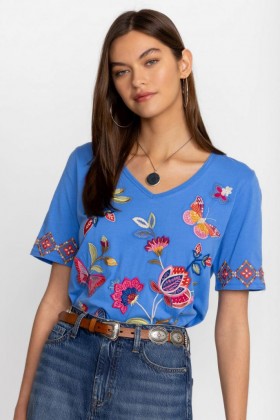  Johnny Was トップス | レディース GRACEY TRAPUNTO Vネック Tシャツ ウルトラマリン