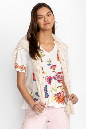  Topuri Johnny Was | Tricou damă GRACEY TRAPUNTO cu decolteu în V, alb