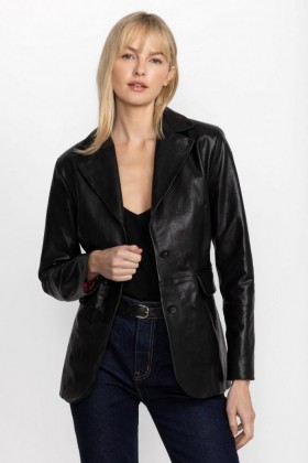  Johnny Was Outerwear | Blazer clásico de piel italiana para mujer, color negro