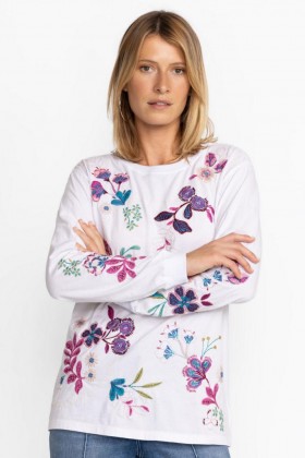  Camisetas Johnny Was | Camiseta de manga larga Shilo Relaxed para mujer, blanca