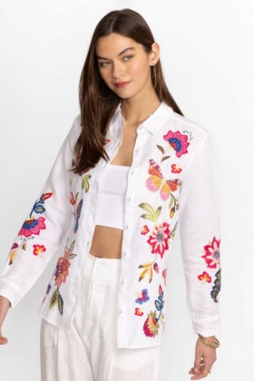  Johnny Was Toppe | Dame GRACEY LINEN OVERSIZED SKJORTE Hvid