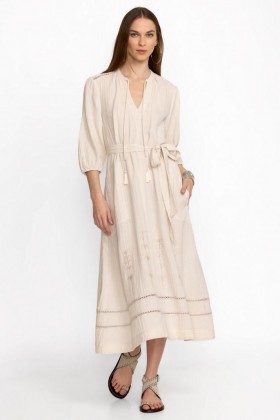  Johnny Was Jurken | Dames GAUZE BISHOP SLEEVE JURK MET TAILLE STRIKJE Wit Zand