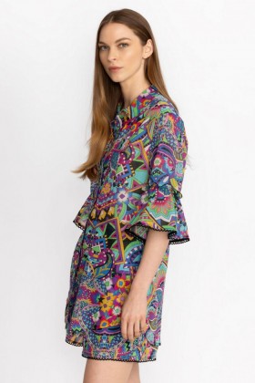  Johnny Was Tops | Dames DEMARNE RUFFLE SLEEVE TUNIC Demarne Print
