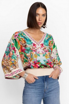  Johnny Was Tops | Dames MILLER TIGRES TRUI BLOUSE Miller Tigre Sjaal Print