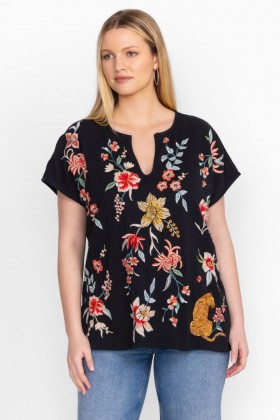  Johnny Was Tops | Dames Paneelgebreide T-shirt Zwart